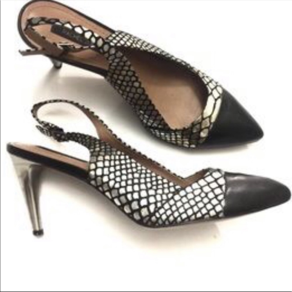 RACHEL ZOE-EILEEN-Silver/Black Snake Print Calfskin Leather Sling Back Heels 7.5